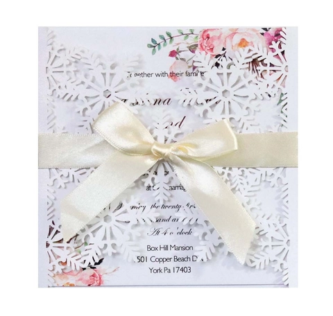 Biglietti d'Invito per Matrimonio con Fiocco di Neve Tagliato al Laser Con Fiocco in Raso e Biglietto Interno Floreale per Festa di Natale