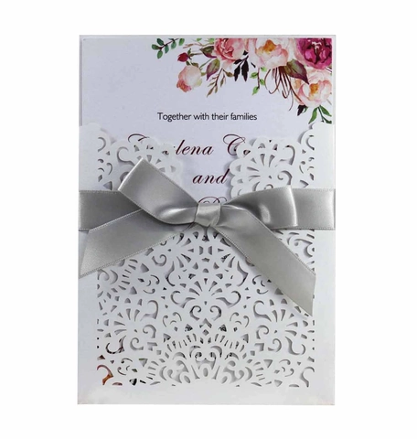 Elegante Juego de Invitaciones de Boda de Corte Láser Papel Perlado Tarjetas Impresas Florales Con Lazo de Satén