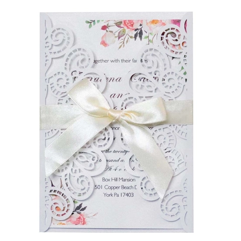 Europäische Laserschnitt Blumen Hochzeitskarten Mit Schleife Elegante Perlmuttpapier Einladungen Für Verlobungsfeier