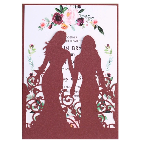 Elegant Laser Cut Pearlescent Paper Same Sex Wedding Invitations Set Floral Inner Cards Two Girls Silhouette Party Invitations
