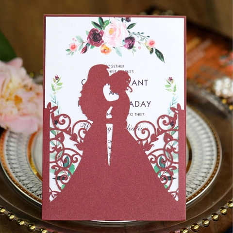 Cartes Invitation Mariage Découpe Laser Européenne Avec Enveloppe Page Intérieure Florale Silhouette Couple Articles Fête
