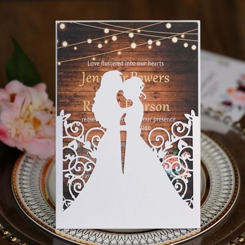 Cartes Invitation Mariage Découpe Laser Européenne Avec Enveloppe Page Intérieure Florale Silhouette Couple Articles Fête