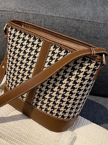 Bolso de Cubo con Patchwork de Pata de Gallo Vintage para Mujer Bolso de Hombro de Cuero PU Elegante Bolso de Mano Contraste