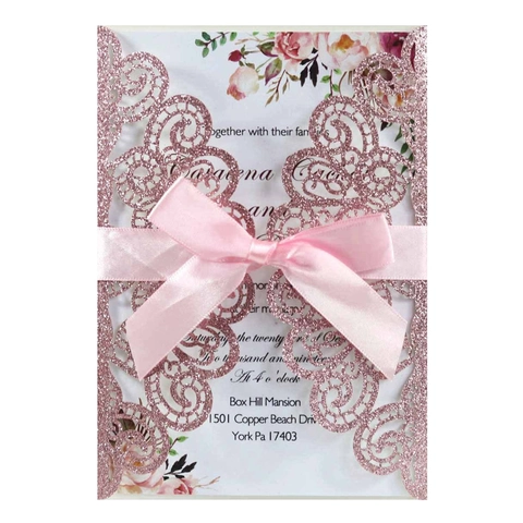 European Laser Cut Hollow Wedding Invitation Card Glitter Paper Engagement Invitation Sets With Satin Bow Ribbon And Envelopes
