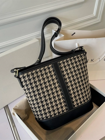 Bolso de Cubo con Patchwork de Pata de Gallo Vintage para Mujer Bolso de Hombro de Cuero PU Elegante Bolso de Mano Contraste