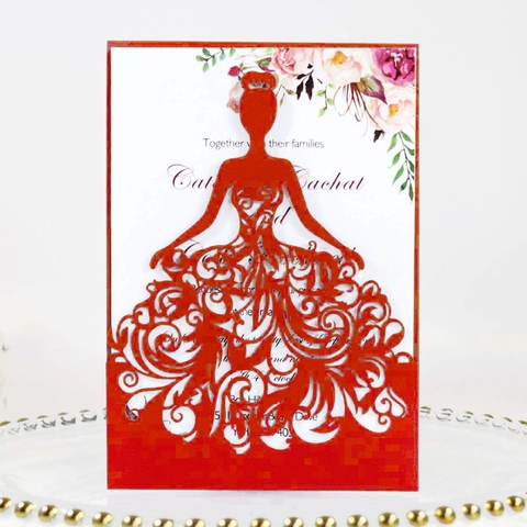 Invitaciones de Boda Cortadas con Láser Papel Perlado Tarjetas de Felicitación con Silueta de Vestido y Sobre