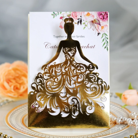 Invitaciones de Boda Cortadas con Láser Papel Perlado Tarjetas de Felicitación con Silueta de Vestido y Sobre