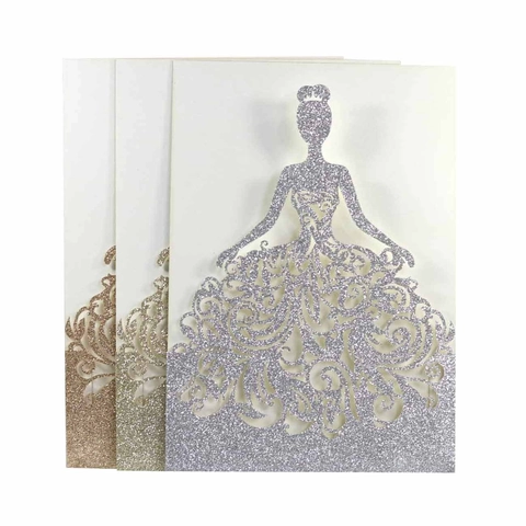 Inviti di Nozze di Lusso Tagliati Al Laser Biglietti Con Silhouette di Principessa Glitterata Con Buste E Fogli Interni
