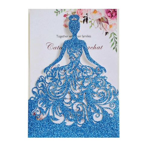 Inviti di Nozze di Lusso Tagliati Al Laser Biglietti Con Silhouette di Principessa Glitterata Con Buste E Fogli Interni