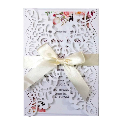 Elegante Laser Geschnitten Hochzeit Einladungen Set Mit Blumen Innenblatt Schleife Band Und Umschlag Perlmuttpapier Karten