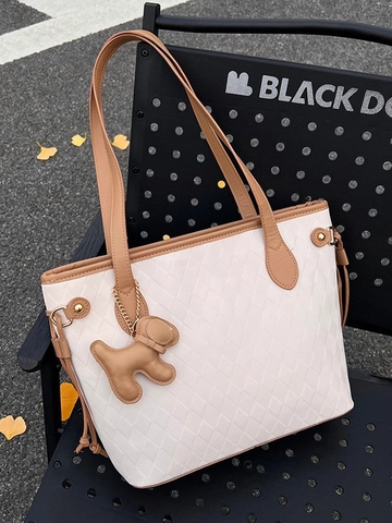 Borsa Tote in PU Donna Grande Capacità Moda a Quadri Trapuntata a Diamante Borsa a Spalla Con Pendente Cane Pendolare Bianco