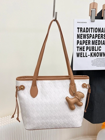 Borsa Tote in PU Donna Grande Capacità Moda a Quadri Trapuntata a Diamante Borsa a Spalla Con Pendente Cane Pendolare Bianco