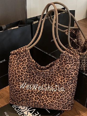 Women Leopard Print Tote Bag Fashion Large Capacity PU Leather Shoulder Bag Retro Commuting Shopping Top Handle Bag