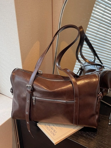 Bolso de Hombro Boston de Cuero PU Retro para Mujer de Gran Capacidad de Color Sólido Bolso de Mano Minimalista con Herrajes Plateados