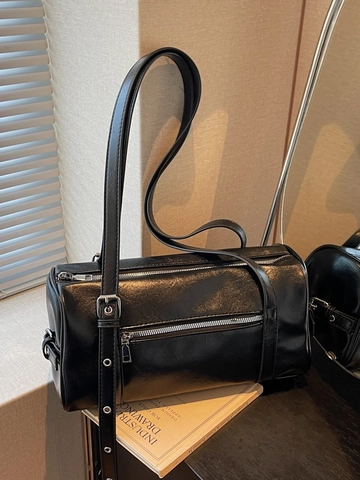 Bolso de Hombro Boston de Cuero PU Retro para Mujer de Gran Capacidad de Color Sólido Bolso de Mano Minimalista con Herrajes Plateados