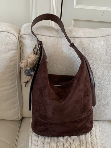 Borsa Hobo in PU Scamosciato Grande Capacità da Donna Borsa a Tracolla Retrò Sofisticata Minimalista Con Ciondolo a Orsetto