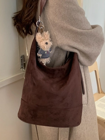 Borsa Hobo in PU Scamosciato Grande Capacità da Donna Borsa a Tracolla Retrò Sofisticata Minimalista Con Ciondolo a Orsetto