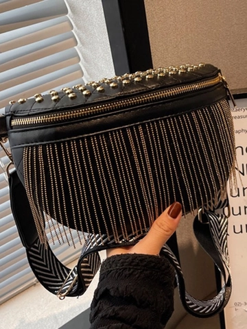 Women Rivet Tassel Crossbody Bag PU Leather Quilted Waist Chest Bag Wide Strap Punk Fashion Dumpling Handbag Shoulder Bag