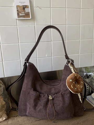 Bolso de Hombro para Mujer de Cuero PU de Gamuza Vintage Gran Capacidad Cordón Mochila Hobo Con Colgante de Donut Moda Coreana