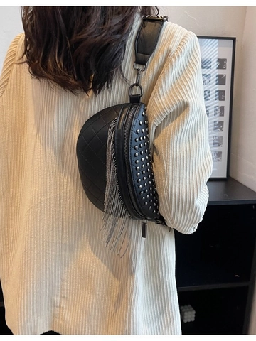 Women Rivet Tassel Crossbody Bag PU Leather Quilted Waist Chest Bag Wide Strap Punk Fashion Dumpling Handbag Shoulder Bag