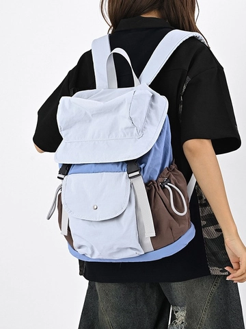 Grote Capaciteit Nylon Mode Rugzak Voor Dames Outdoor Casual Color-blocked Waterafstotend Woon-werkverkeer Reizen Schooltas Met Zijzakken Met Trekkoord