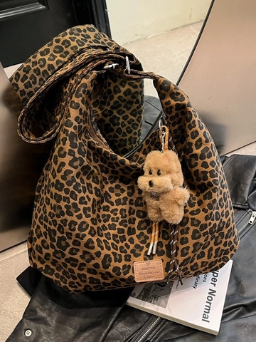 Women's Leopard Print Canvas Tote Bag Large Capacity Hobo Shoulder Bag With Plush Bear Pendant Fashion Casual Handbag