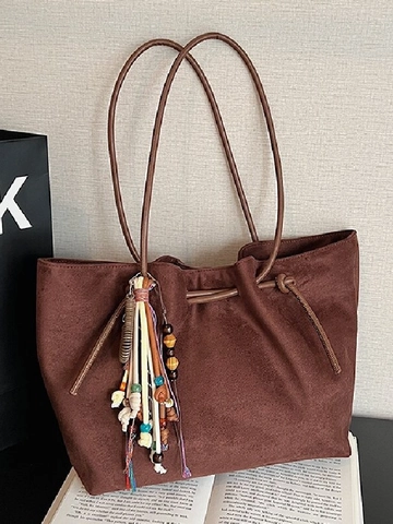 Women Large Capacity Suede Tote Bag Retro Casual Shoulder Bag With Ethnic Tassel Pendant Solid Color Commuter Office Handbag