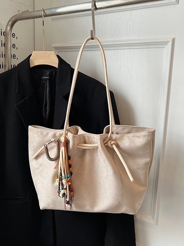 Women Large Capacity Suede Tote Bag Retro Casual Shoulder Bag With Ethnic Tassel Pendant Solid Color Commuter Office Handbag