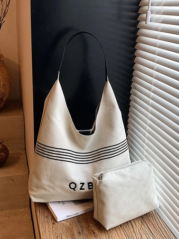 Borsa a Spalla in Tela di Grande Capacità e Pochette per Donna Borsa Tote a Strisce Retro Minimalista Casual da Ufficio Moda
