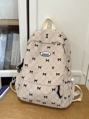 Japanischer Stil Süß Cord Rucksack Für Damen Einfache Student Campus Schultasche Gesteppt Schleife Herz Druck Reise Daypack