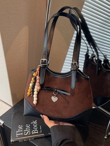 Women Vintage Leopard Print Underarm Bag PU Leather Tote With Bow Heart Charm French Retro Daily Shoulder Handbag