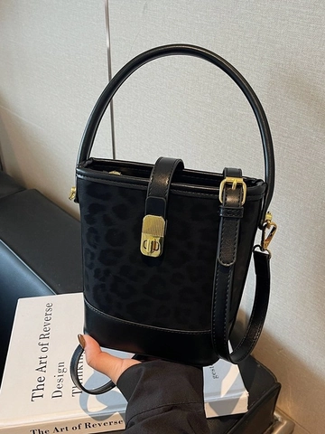 Vintage PU Leather Leopard Print Bucket Bag For Women Fashion Crossbody Shoulder Handbag With Gold Metal Lock Buckle Top Handle
