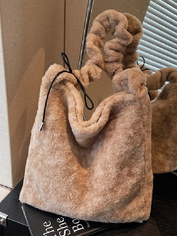 Women's Plush Faux Fur Tote Bag Ruffled Shoulder Strap Large Capacity Winter Autumn Casual Handbag With Black Drawstring Decoration