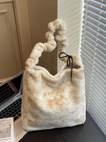 Women's Plush Faux Fur Tote Bag Ruffled Shoulder Strap Large Capacity Winter Autumn Casual Handbag With Black Drawstring Decoration