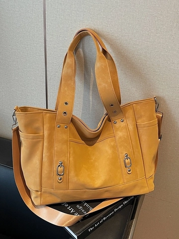 Borsa Tote da Donna in Pelle PU di Grande Capacità Borsa a Spalla Casual Vintage Con Tracolla Regolabile Fibbia in Metallo Rivetti Cuciture Borsa da Ufficio Quotidiana