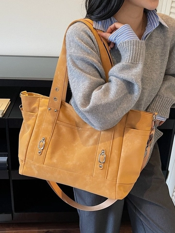Borsa Tote da Donna in Pelle PU di Grande Capacità Borsa a Spalla Casual Vintage Con Tracolla Regolabile Fibbia in Metallo Rivetti Cuciture Borsa da Ufficio Quotidiana