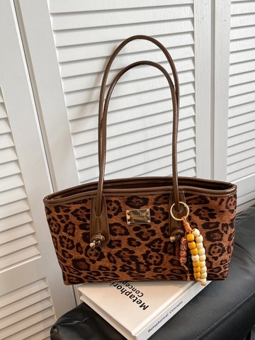 Women Vintage Suede Underarm Bag Leopard Print Casual Fashion Shoulder Bag With Bead Charm Daily Commute Tote Bag