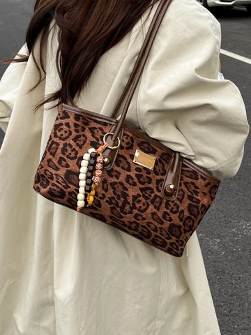 Women Vintage Suede Underarm Bag Leopard Print Casual Fashion Shoulder Bag With Bead Charm Daily Commute Tote Bag