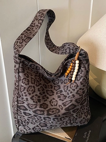 Leopard Print Suede Large Capacity Shoulder Bag Vintage Tote Bag With Wood Bead Tassel For Women Daily Commute