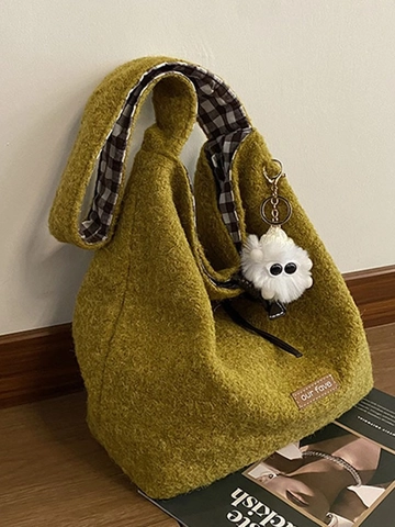 Large Capacity Women Woolen Tote Bag Vintage Fuzzy Shoulder Bag With Plush Charm Casual Autumn Winter Handbag For Shopping