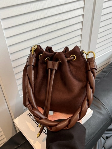 Damen Mode Wildlederimitat Eimertasche Leopardenmuster Geflochtener Griff Kordelzug Umhängetasche Retro Wildleder Handtasche