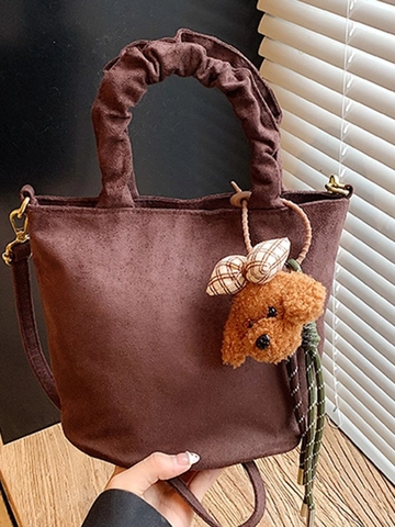 Borsa a Secchiello Mini in Pelle PU Smerigliata Retrò per Donna Borsa a Tracolla Stile Francese Con Ciondolo Cucciolo Peluche