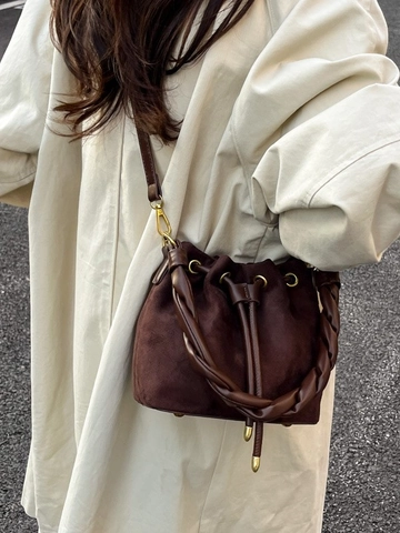 Damen Mode Wildlederimitat Eimertasche Leopardenmuster Geflochtener Griff Kordelzug Umhängetasche Retro Wildleder Handtasche