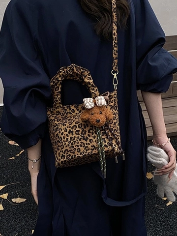 Borsa a Secchiello Mini in Pelle PU Smerigliata Retrò per Donna Borsa a Tracolla Stile Francese Con Ciondolo Cucciolo Peluche