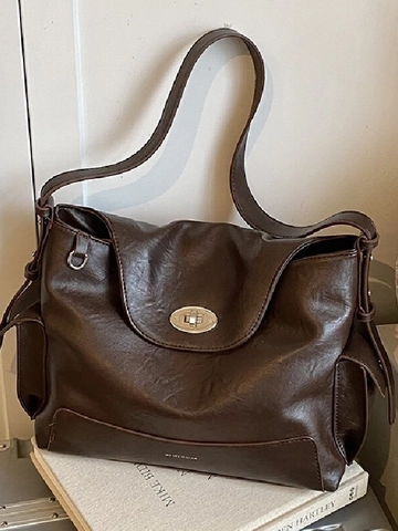Women Retro PU Leather Shoulder Bag Large Capacity Commuting Tote Bag Vintage Crossbody Bag With Metal Twist Lock Hobo Bag