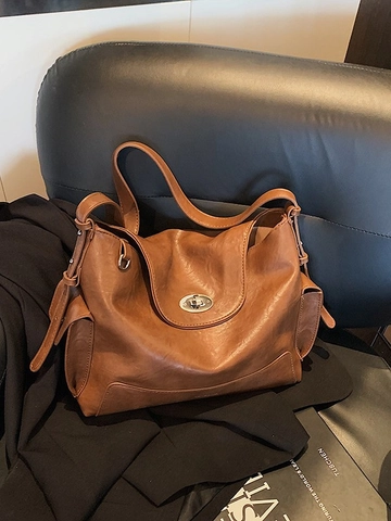 Women Retro PU Leather Shoulder Bag Large Capacity Commuting Tote Bag Vintage Crossbody Bag With Metal Twist Lock Hobo Bag