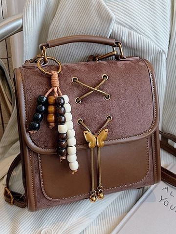 Sac à Dos Vintage Femme Patchwork PU Daim Artificiel Papillon Nœud Sac d'École Avec Charme de Perles en Bois
