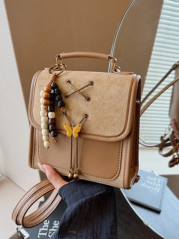 Sac à Dos Vintage Femme Patchwork PU Daim Artificiel Papillon Nœud Sac d'École Avec Charme de Perles en Bois
