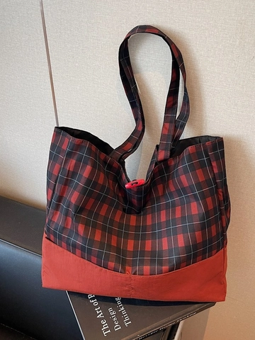 Women Large Capacity Plaid Tote Bag Vintage Splicing Design Canvas Fabric Shoulder Bag For Daily Commuting Travel Handbag