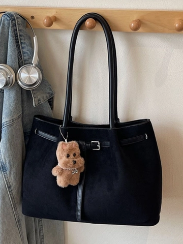 Vintage Women's Large Capacity Tote Bag PU Leather Frosted Shoulder Bag With Plush Bear Pendant Minimalist Commuter Handbag